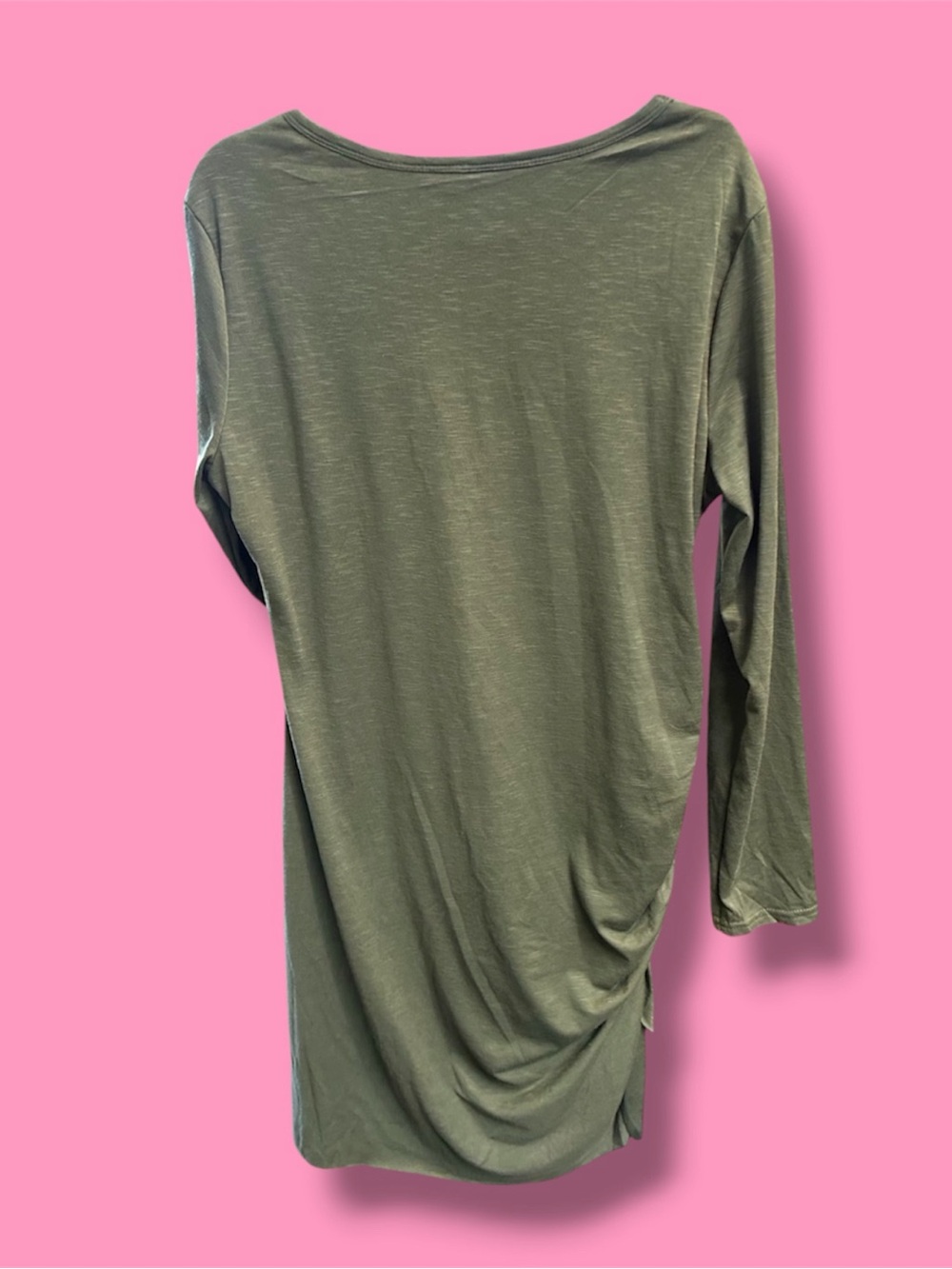 Side-Ruched Olive Midi Dress with Long Sleeves - Picture 3 of 7